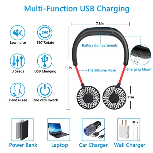 Sohour Home Portable Neck Fan, Personal Fan Usb Mini Sports Hand Free Neck Hanging Desk Office Small Fan For Household Travel Room Outdoor Sports (Black/Red) #TOP6