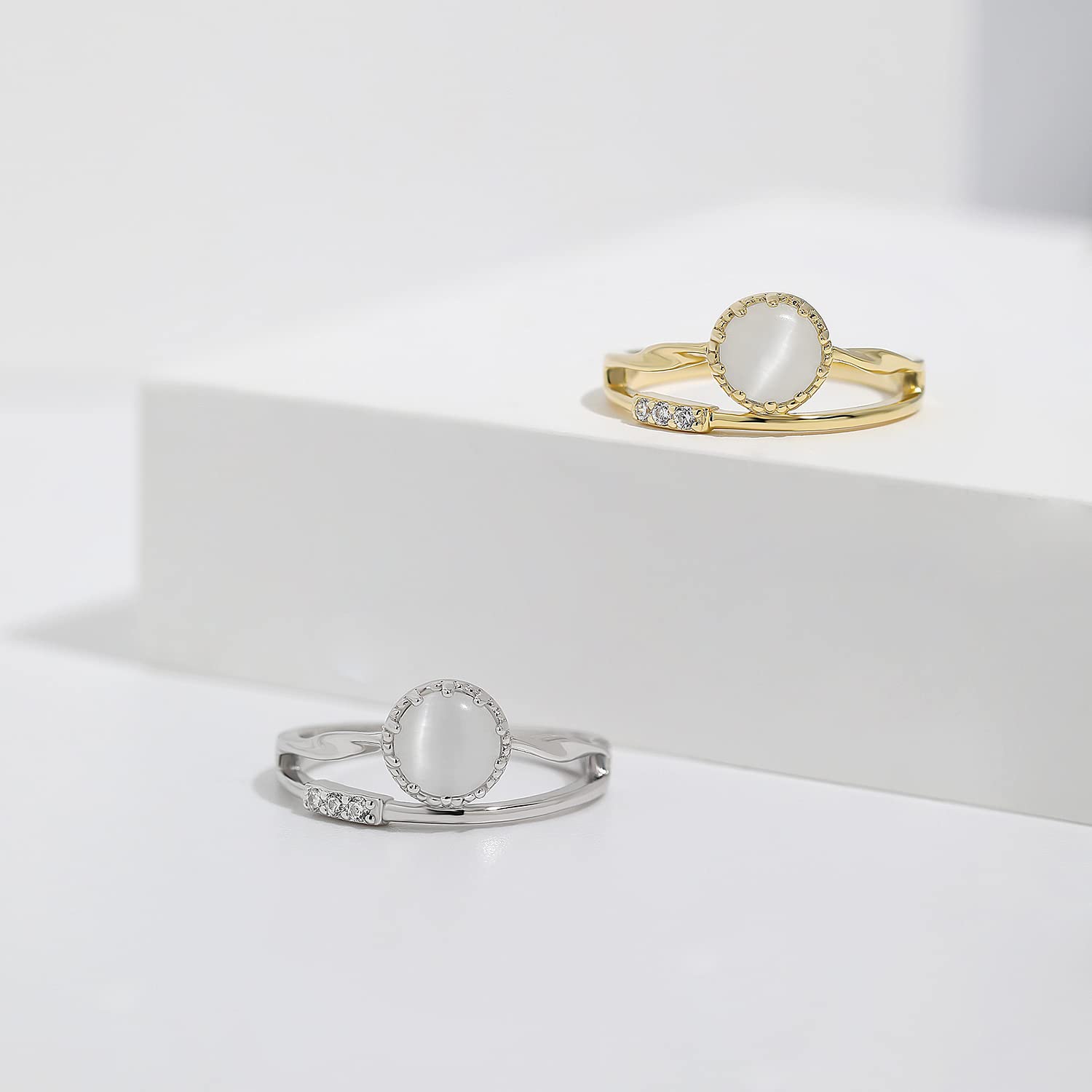 Meissa Bagues en argent sterling pour femmes Bague superposable Bague en pierre oeil de chat faite à la main Bague d'amitié mignonne Taille ajustable