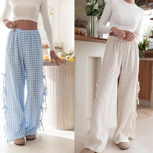 Womens Gingham Check Pants Y2K Bow Tie Side Split Wide Leg Lounge Pants, Loose Fit Retro Going Out Trouser4