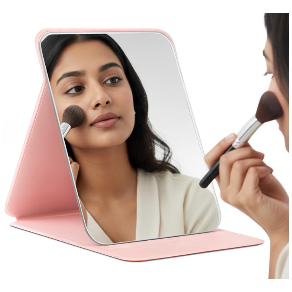 Portable Tabletop Vanity Mirror 16 * 11 cm Foldable StandHD Clear Reflection Makeup Mirror for Dressing Table Travel Friendly Compact Mirror Home Office Bedroom Use Lightweight & Durable (Pink)-image-17