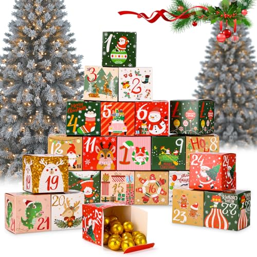 LEAZZLE 24 Piezas Calendario de Adviento para Rellenar, 24 Cajas para Calendario de Adviento Reutilizable, Decoracion Navidad 2026, Caja de Regalo para Caramelos Dulces Galletas Chocolate,7 x 7 x 7 cm