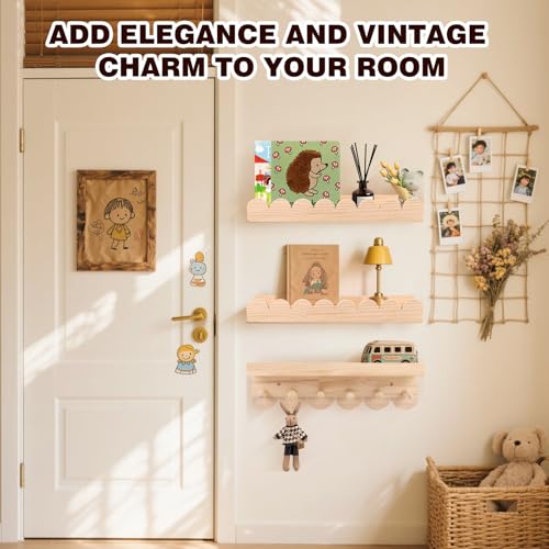 Juego de 3 estantes de pared de madera maciza para niños - Estantería con 6 ganchos para libros y juguetes - Estantería Montessori de 40 cm - Estantería flotante con curvas para niños y niñas - imagen 4