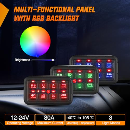 Image of Nilight 8 Gang Switch Panel Relay System w /APP Control Automatic Dimmable | RGB Backlight Panel Circuit Control Fuse Wiring Harness ON Off LED Switches Pod for 12V 24V Cars Trucks Campers SUV