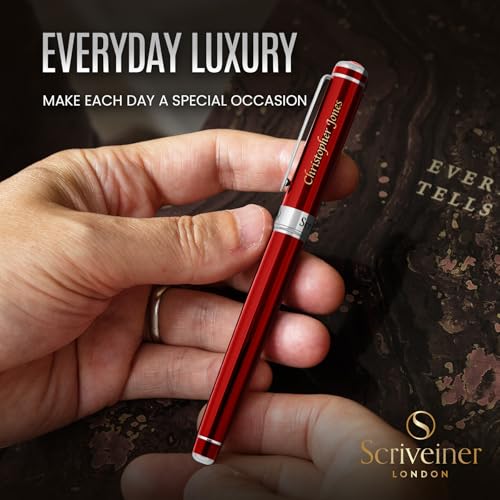 Image of Scriveiner Personalized Deep Crimson Red Rollerball Pen - Stunning Red Lacquer Luxury Pen with Chrome Finish, Schmidt Ink Refill, Engraved Roller Ball Gift Set for Men & Women, Custom Name Engraving