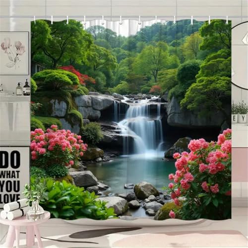 StarBlue-HGS Waterfall Nature Scene Shower Curtain, Scenic Forest Landscape with Pink Flowers Bathroom Decor Multiple sizes (180×180cm) - Image 2