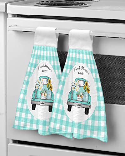 Zfuncing Hand Tie Towel Set Of 2,Teal Farm Truck Daisy Floral Gingham Check Hanging Kitchen Towels With Loop, Absorbent Tea Bar Dish Towel Fast Drying Towels For Bathroom,Pastoral Sunflower #TOP4