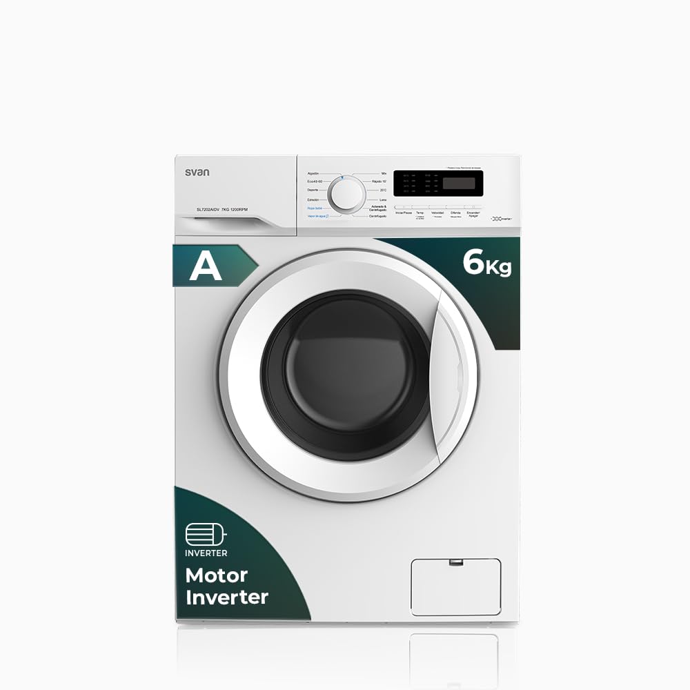 Svan Lavadora 6Kg Carga Frontal Blanco SL6002AIDV. 1500W, 1000rpm, 12 Programas, Función Stop&Go, Clase de Eficiencia Energética A Etiqueta Energética