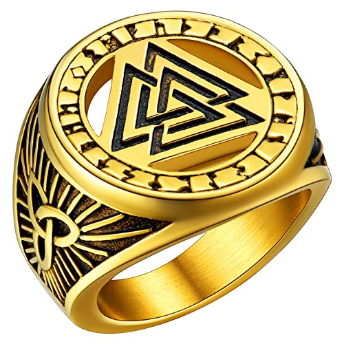 Ya en mundofriki.es: FaithHeart Nudo Triángulo de Muerte Valknut Anillo Dorado de Símbolo Vikingo Escandinavo Anillo Sello Redondo Acero Inoxidable 316L Talla 8 Joyería de Dedos Anillo Ancho Hip Hop de Oro 18K