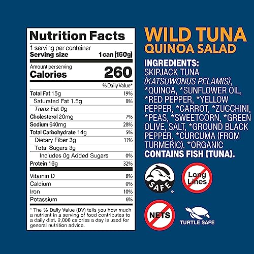 Image of Wild Planet Ready-To-Eat Wild Tuna Quinoa Salad, 5.6 Ounce Can, Pack of 12 | Tuna Pasta with Organic Red Peppers, Tomatoes & Green Olives. Non-GMO, Gluten Free, Kosher, Dairy Free