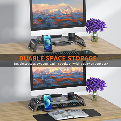 Aicheson Computer Monitor Stand Riser Rgb Gaming Lights With 4 Usb 3.0 Hub Docking Station, Foldable Pc Screen Tabletop Risers, Storage Organizer Drawer And Phone Holder #TOP7