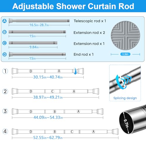 Image of MEXAU 1 Pack Spring Tension Curtain Rod 31-62 In Silver Shower Curtain Rod | Adjustable Spring Tension Rods No Drilling for Window Closet Kitchen Wardrobe Bathroom, Non Slip Tension Rods ,7 /8 inch Diameter