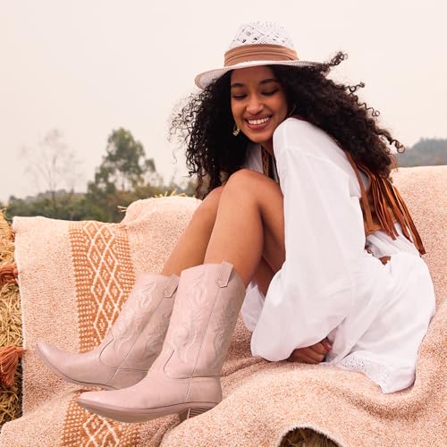 DREAM PAIRS Women's Cowboy Boots Pull On Cowgirl Boots Mid Calf Western Boots, Available in Regular and Wide Calf,Size 8,Pink,SDMB2218W