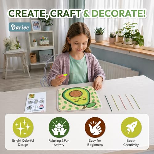 Image of Darice Latch Hook Rug Kit, Avocado Design DIY Latch Hook Kit for Kids & Adults, Color Canvas, PreCut Yarn & Hook Tool, Craft Activity & Gift for Kids