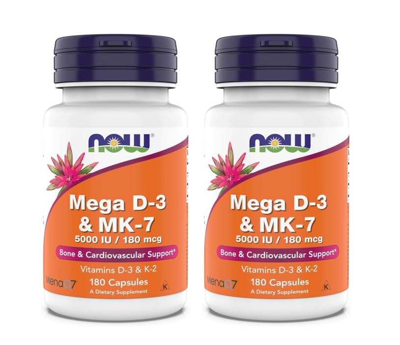 Now Supplements, Mega D-3 &amp; MK-7, 5000 IU / 180 mcg, Bone &amp; Cardiovascular Support*, Vitamins K-3 &amp; K-2, 180 Capsules (Pack of 2)