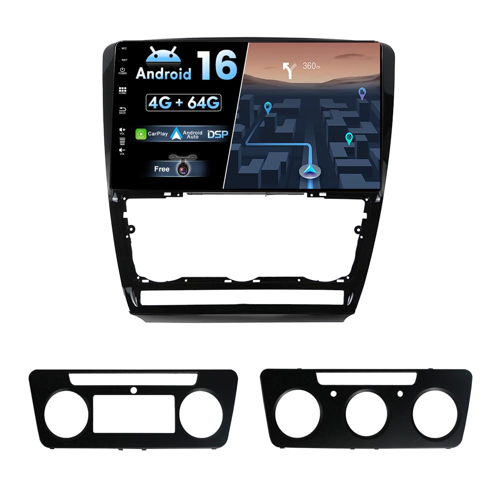 Android 16 [4G+64G] Autoradio Passt für Skoda Octavia (2006-2014) - Eingebautes CarPlay Android Auto - KOSTENLOS Rückfahrkamera - IPS 10.1 Zoll 2 Din - DAB Lenkradsteuerung 4G WiFi Fast-Boot