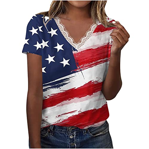 Camisetas de renda com bandeira americana para mulheres, manga curta, acabamento em renda, gola V, c