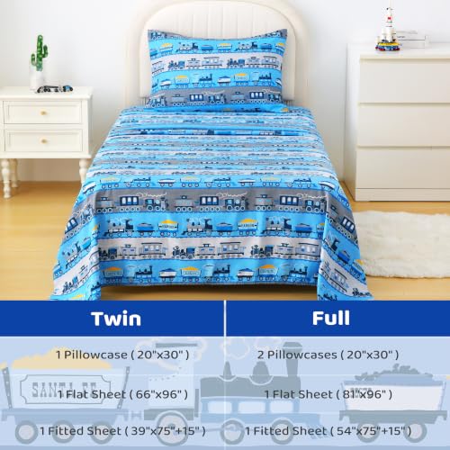 Image of Viviland 3 Pieces Boys Train Twin Sheet Set - Soft Microfiber Fitted Flat Sheets & Pillowcase Bed Sheet Set - Grey Blue Train Print Bedding Sets for Kids