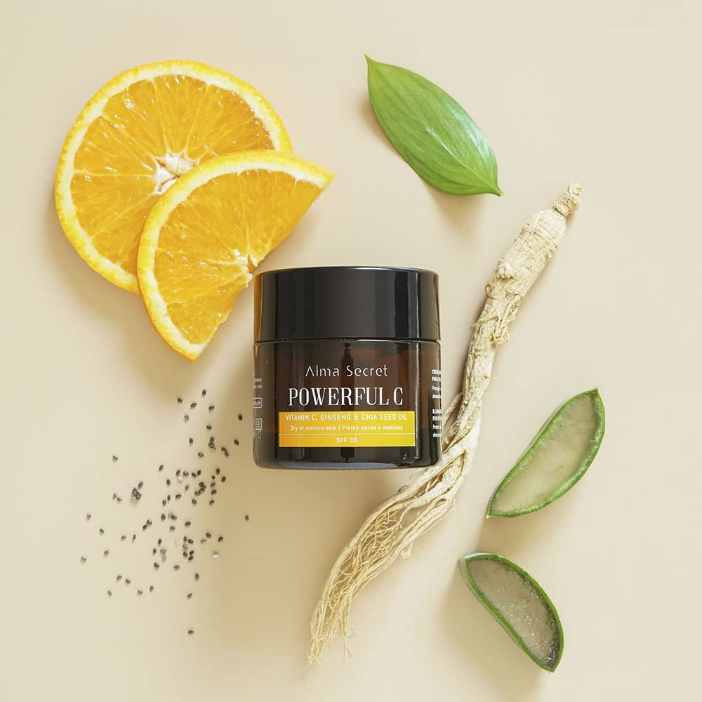 ALMA SECRET | POWERFUL C Crema hidratante, Iluminadora y Antiedad con Vitamina C, Ginseng & Chía | Protección Solar SPF30 | Pieles secas - 50 ml