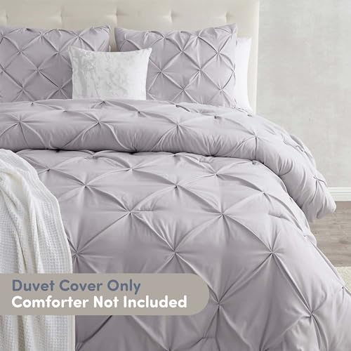 Image of Nestl Grey Lavender Duvet Cover King Size - Soft Double Brushed Duvet Set with Button Closure & Corner Ties, 3 Piece Luxurious Pinch Pleated Duvet Cover Set 104x90 Inches with 2 Pillow Shams
