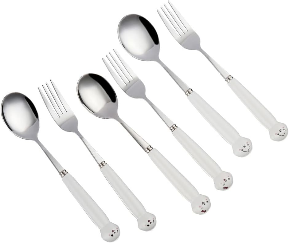 (6 Pieces) Cute Expression Ceramic Handle Stainless Steel Spoon Fork Cartoon Household Cutlery Set (Silver)