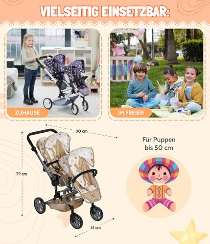Bayer Chic 2000® Puppenwagen Linus Duo – Bärchen Beige – Faltbarer Zwillingspuppenwagen – Verstellbarer Griff 50-82 cm – Puppen bis 50 cm – 4-8 J. – Bild 5