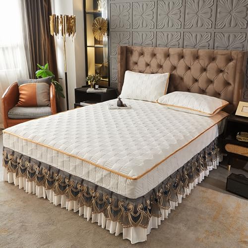 Daesar Juego Sabana Bajera Elástico con 2 Fundas de Almohada,Patrón de Cuadros con Encaje Bordado Poliéster Algodón Sábanas Bajeras Matrimonio Blanco,180 x 200 CM