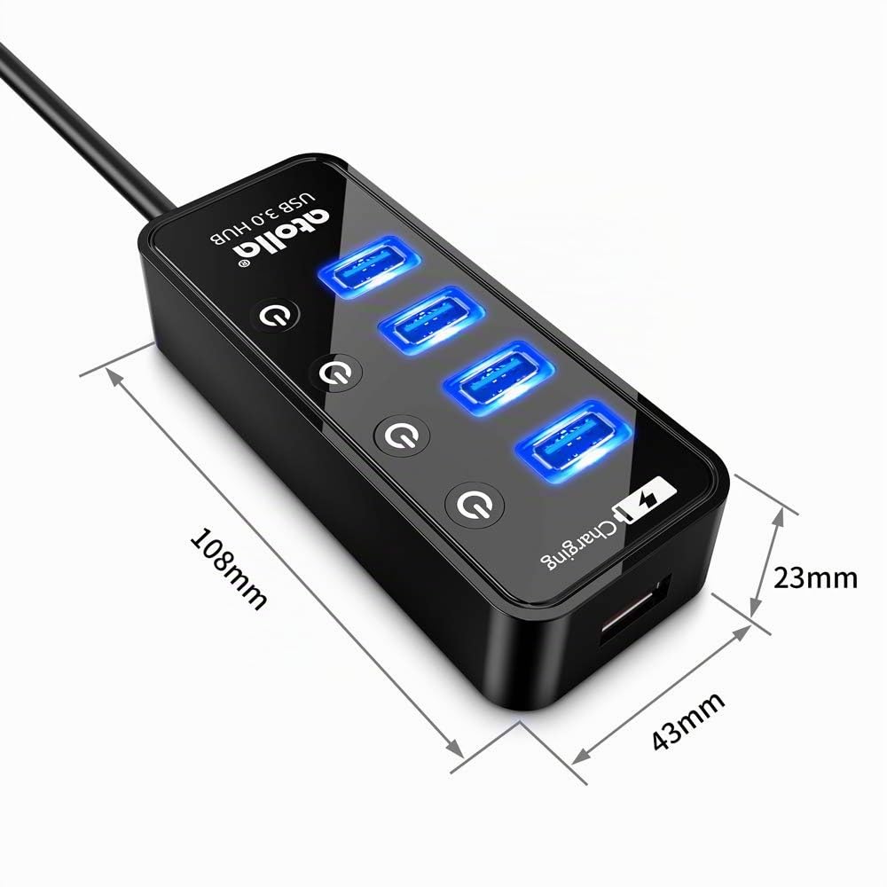 Atolla Hub USB 3.0 4 Ports avec commutateurs Marche/arrêt et Adaptateur d'alimentation
