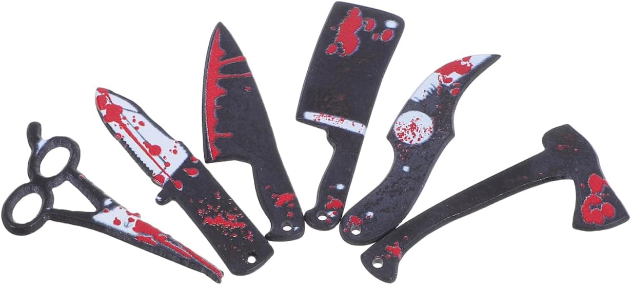 Garneck 6Pcs Halloween Miniature Blood Knives Charms Small Fake Horror Cutter Scissors Shape Props Scary Miniature Scene Props Decoration for Halloween Dollhouse Decor