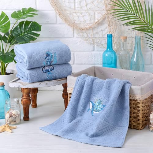 Hahafelt 3 Pack Ocean Hand Towels for Bathroom 100% Cotton Embroidered Seahorse Jellyfish and Floral Whale Soft Absorbent Bathroom Towels Sea Coastal Hand Towel Gift for Summer Holiday, 13.78 x 29.53 by Hahafelt - Used condition - Image 2