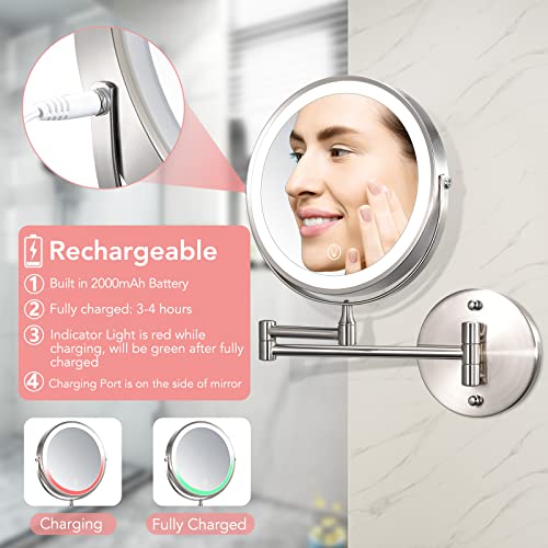Rechargeable Lighted Wall Mounted Makeup Mirror 8 Inch 1X 10X Magnifying Double Sided, Touch Dimmable 3 Color Led Lights Vanity Mirror, Extendable 360° Swivel Bathroom Mirror, Brushed Nickel #TOP2