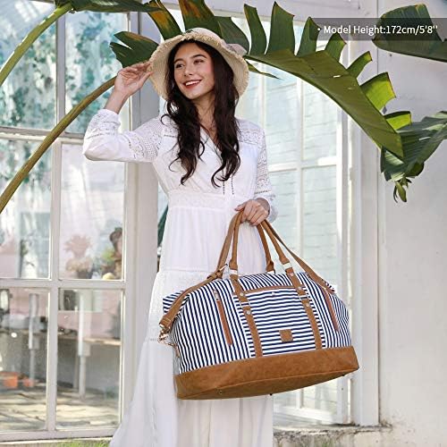 Plambag Canvas Duffel Weekender Bag 43L Water-repellent Overnight Travel Tote Bag(Blue Stripe) 2 Plambag Canvas Duffel Weekender Bag 43L Water-repellent Overnight Travel Tote Bag(Blue Stripe)