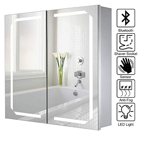 Preisvergleich Produktbild Lifelook Spiegelschrank mit Beleuchtung Badschrank Aluminiumlegierung Badezimmer Spiegelschrank mit Sensorschalter, Steckdose, Bluetooth Lautsprecher, Demister-Pad 65x60x13cm (Stil 2)