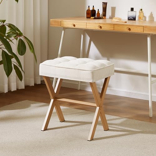 Royal Windsor Vanity Stool with Metal X Leg, Makeup Vanity Chair Foot Stool for Living Room, Small Square Ottoman Stool Foot Rest, Vanity seat for Bedroom,Linen Beige - Thumbnail 5