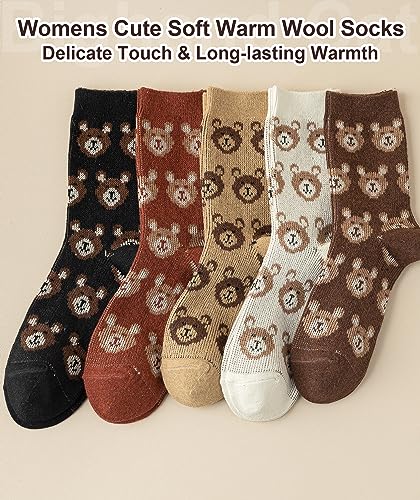 Image of IIG 5 Pairs Womens Pretty Vintage Wool Socks Unique Print Design Soft Cozy Warm Crew Socks Christmas Gift