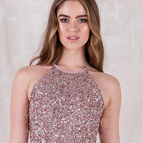 Maya Deluxe Damen Womens Ladies Bridesmaid Maxi Dress Halter Neck Sequin Embellished Prom Graduation Wedding Brautjungfernkleid, Frosted Pink, 28 3