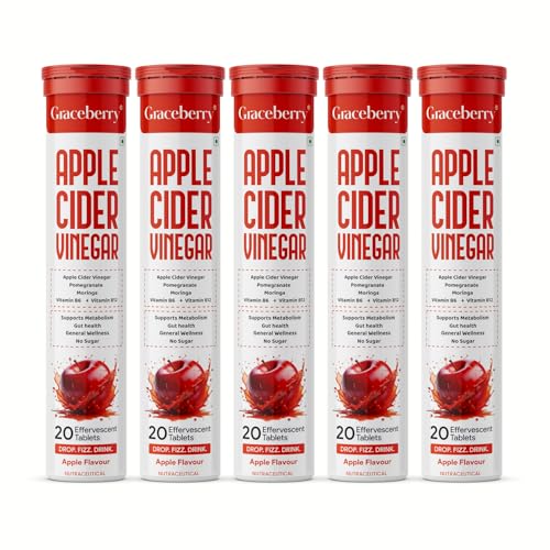 Image of Graceberry Apple Cider Vinegar Effervescent Tablet with Mother- 100 Tablets | 500mg ACV For Metabolism, Weight Management | Pomegranate & Moringa, Vit B6 & B12 | No Added Sugar | Pack of 5