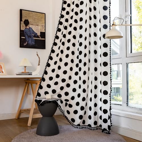 A.Monamour Rideau Voilage Passe Tringle Semi Transparent Opaque Coton Lin Noir Blanc à Pois Rural Boho Décoration Fenêtre Rideau de Porte avec Glands à...