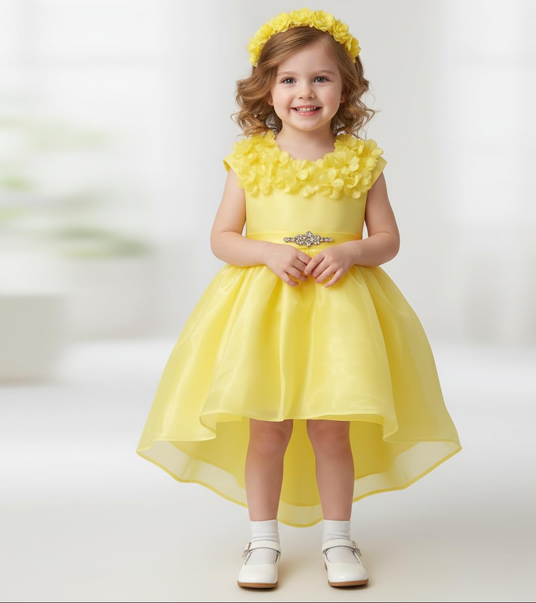 Toddler Girls High-Low Floral Satin Tulle Party Dress – Birthday Wedding Flower Girl Easter Eid Valentine Party Photo