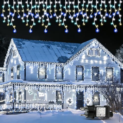 GYLEFY Eisregen Lichterkette Außen, 10M 400 LED Anschließbar Lichterkette Außen, Weihnachtsbeleuchtung Außen IP65 Wasserdicht Timer, 8Modi Lichterkette für Weihnachtsdeko Aussen Innen- Kaltweiß