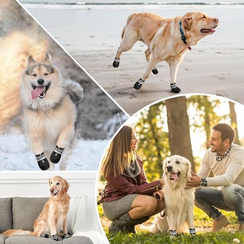 AMOMYDOG Hundeschuhe, 4 Stück Atmungsaktive Hunde Schuhe Outdoor mit Rutschfester Sohle, Verstellbarem Reflektierendem Klettverschluss Hundestiefel für kleine, Mittlere und Große Hunde (Schwarz, XXL)