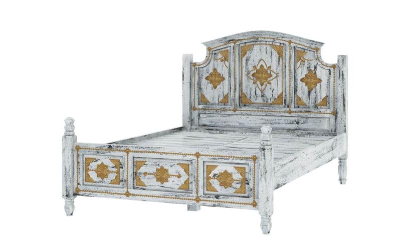 Image of Arman HANDICRAFTS Solid Sheesham Wood King Size Bed with Hand-Carved Decorative Panels | Vintage Wooden Bed Frame for Bedroom | Antique White & Gold Finish | Classic Designer Bed