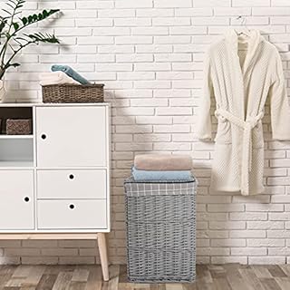 Grey Paint Laundry Wicker Basket Cotton Lining With Lid (Medium)