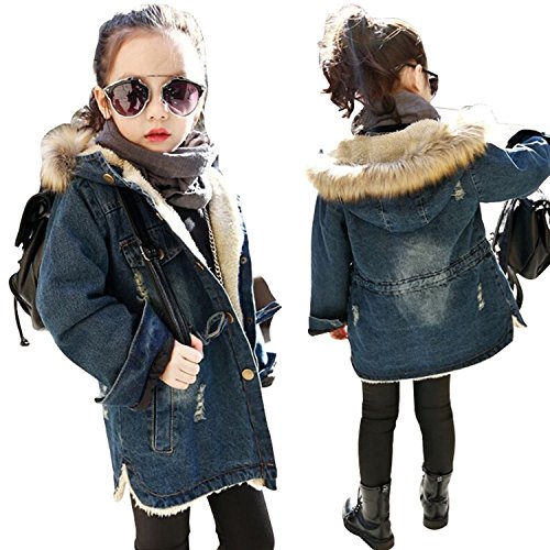 TAOJIAN Little Girls Fall Winter Hooded Denim Ripped Coat Fleece Jacket Outerwear (7-8Years, Blue)