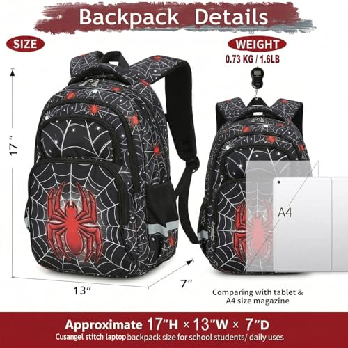 Image of Cusangel kids Backpack for School Boys Girls 8-12ages,16in Bookbag Stitch,durable Water Resistant,7 Pockets, Adjustable Chest Strap,Large For Travel,Gifts (Red Spider-17in)