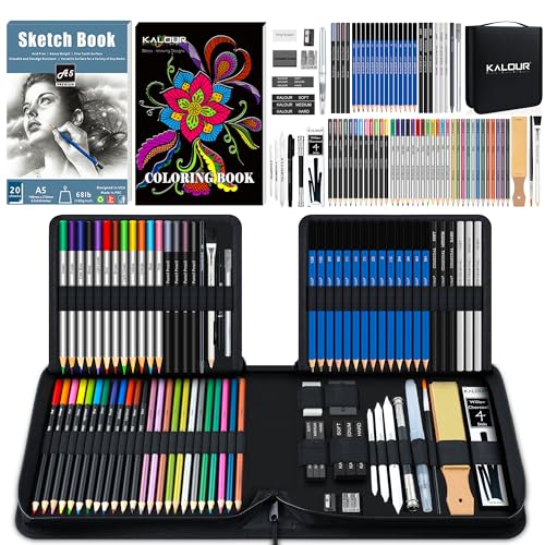 KALOUR 82 Pack Drawing Sketching Kit Pro Art Supplies with Sketchbook Include Tutorial Colored Graphite Charcoal Watercolor Metallic & Pastel Pencils Drawing Set for Adults Teens Beginner