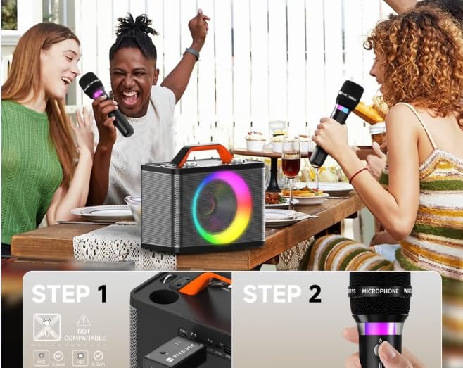 Macchina per karaoke con 2 microfoni wireless RGB, macchina per karaoke portatile da 5200 mAh con 10 modalità RGB, pannello di controllo indipendente, riproduzione 13H (Black x)