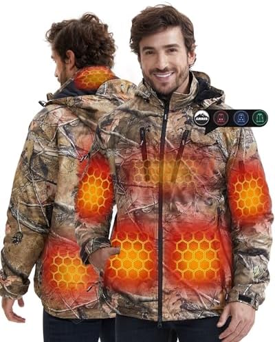 ARRIS Men’s Camo Heated Jacket, Electric Heating Coat with 7.4V Battery and Detachable Hood - Waterproof, 8 Heating Areas