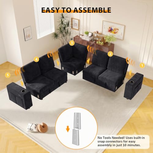 Image of Modular Sectional Sleeper Sofa with Pull Out Bed, 84 Inch L Shaped 5 Seat Couches for Living Room, Chenille Fabric Cloud Couch Bed with Storage, Reclining Backrest, USB Charging, Corduroy