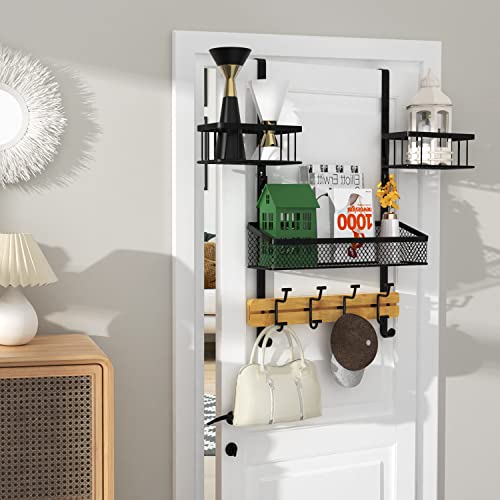 Etechmart Over The Door Hooks Organizer, Door Hanger With 3 Mesh Baskets & Bamboo Coat Rack, Heavy Duty Towel Rack For Bathroom Kitchen Hanging Clothes Hats, Behind Back Of Door Storage, Bamboo #TOP7