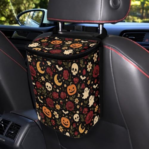 Image of Talayituse Skull Ghost Rose Moon Print Car Trash Can with Lid, Leak Proof Auto Trash Bag Hanging Vehicle Garbage Can Multipurpose Storage Container for Back Seat Road Trip Halloween Decor